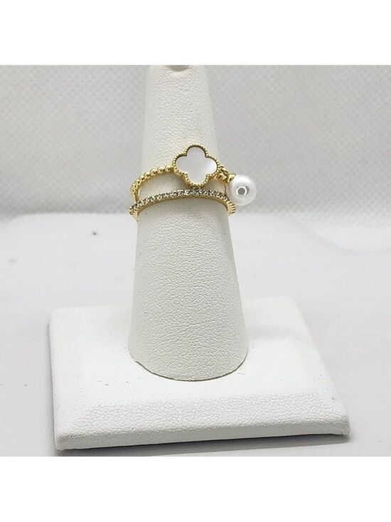 Jewelry - Brand New Sterling Silver 925 White Opal Clover Pearl 2 pc Ring